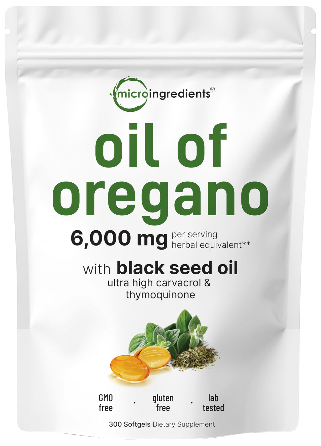 Micro Ingredients Oil of Oregano Softgels 6000mg Per Serving 300 Count | 2 in 1 Formulated with Black Seed Oil 200mg 4X Strength Carvacrol & Thymoquinone | Plant Based Non-GMO & Immune Support